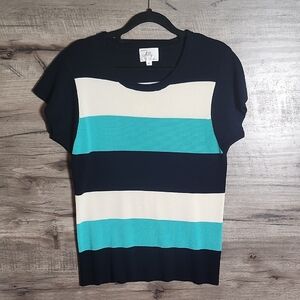 Milly Of New York Block Stripe Short Sleeve Sweater In Navy